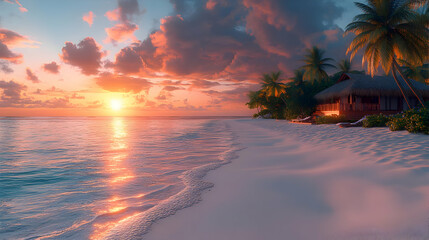 Tropical Sunset Beach Hut 3D Illustration