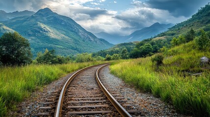 Fototapeta premium A tranquil railway track meanders through lush green fields and majestic mountains under a dramatic sky.