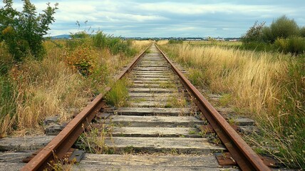 Fototapeta premium A tranquil view of abandoned railway tracks stretching into the distance, framed by golden grass and a cloudy sky.