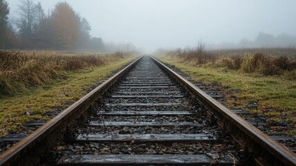 Fototapeta premium A tranquil view of a railway track disappearing into fog, surrounded by nature and a serene, moody atmosphere.