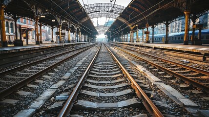 A tranquil view of train tracks converging at a station, surrounded by architectural beauty and a hint of morning light.