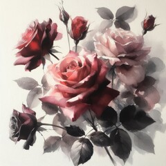 A stunning watercolor painting of elegant roses in shades of red and pink.