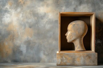 Minimalist Human Head Sculpture in Wooden Box