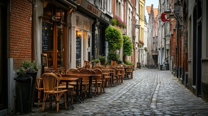 Obraz premium A quaint caf terrace in the old town of Leuven, Belgium, with cobblestone streets and outdoor seating.