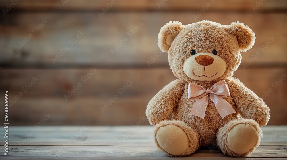 Sticker Plush Brown Teddy Bear with Bow on Wooden Table 