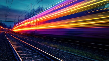 Naklejka premium A vibrant train rushes down the tracks, illuminated by colorful lights against a dusk sky, showcasing speed and motion.