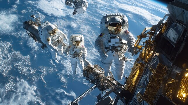 international collaboration, joint spacewalk with astronauts from different nations repairing a satellite, emphasis on teamwork and unity in space exploration