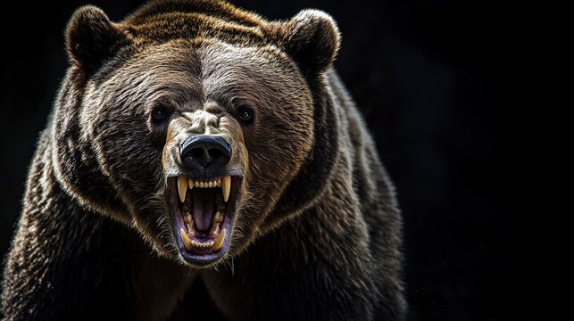 A snarling bear with bared teeth, dark background, intense and fierce expression