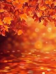 Fototapeta premium Stunning autumn landscape with vibrant orange red and yellow leaves reflecting on the calm surface of a tranquil pond bathed in warm golden sunlight and soft dreamy bokeh effects