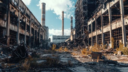 Fototapeta premium Abandoned industrial site with broken structures, overgrown vegetation, and tall chimneys under a clear blue sky.