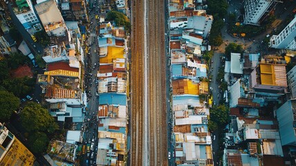 Obraz premium Aerial view of urban rooftops alongside railway tracks, showcasing the contrast between structures and transportation in the city.