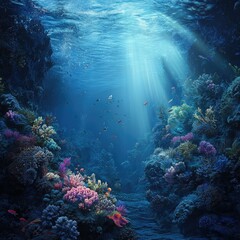 Naklejka premium A serene underwater view of deep blue waters, surrounded by soft coral, and various species of fish moving in harmony