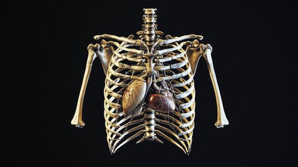 Anatomical model showcasing the human ribcage and internal organs for educational purposes.