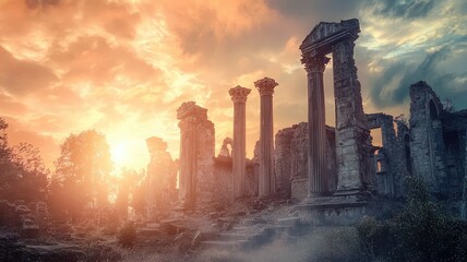 Ancient ruins bathed in golden light at sunset, showcasing architectural remnants amidst a scenic landscape.