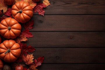 pumpkins and autumn leaves on a wooden background, empty space for text, thanks giving