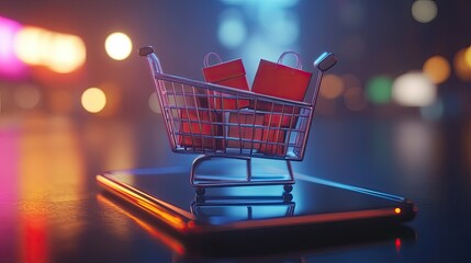 A shopping cart icon filled with products on a mobile app screen, symbolizing e-commerce convenience.