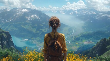 Naklejka premium 自然風景を眺める女性の後ろ姿ポートレート,Generative AI AI画像