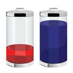 Battery charge indicators in 3D style. Glossy battery icons with charge levels. Vector illustration