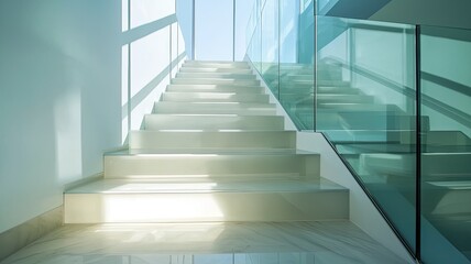 Obraz premium Bright and modern staircase with glass railing, inviting natural light, perfect for elegant interior designs and architectural concepts.