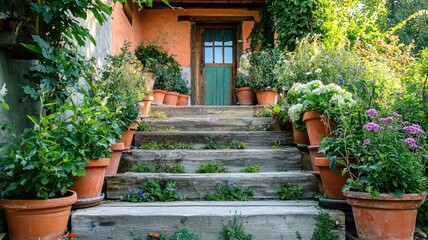 Fototapeta premium Charming entrance with terracotta pots filled with vibrant flowers and lush greenery leading to a rustic door.