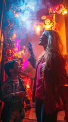 A woman standing next to a boy in a room
