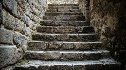 Charming stone staircase in an ancient setting, leading up to light through a narrow archway, evoking historical ambiance.