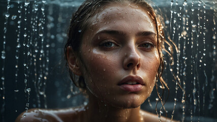 Fototapeta premium Close-up shot of a stunning woman with droplets of water adorning her skin