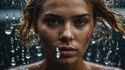 Close-up shot of a stunning woman with droplets of water adorning her skin