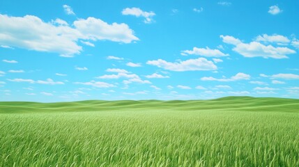 Obraz premium A serene landscape featuring lush green grass under a bright blue sky with fluffy clouds.