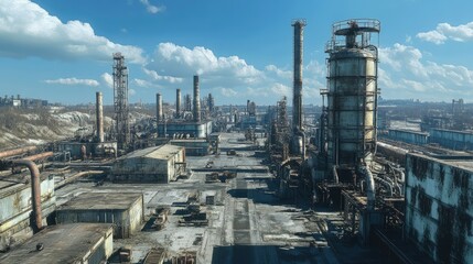 Obraz premium A sprawling factory park with machinery, pipes, and storage tanks, with a blue sky in the background.
