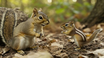 Obraz premium A squirrel and a chipmunk interacting in a woodland setting, showing their social behavior.