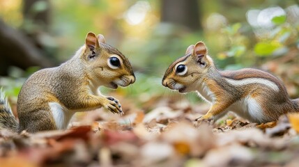 Obraz premium A squirrel and a chipmunk interacting in a woodland setting, showing their social behavior.