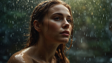 Fototapeta premium Close-up shot of a stunning woman with droplets of water adorning her skin