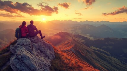 Fototapeta premium Couple enjoying a stunning sunset view from the mountains, capturing the beauty of nature and adventure.