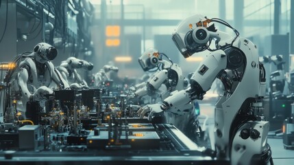 Fototapeta premium Overview of robotics in industry, robots and workers collaborating in a high-tech factory, focus on advanced manufacturing