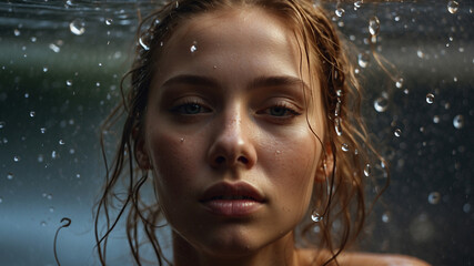 Obraz premium Close-up shot of a stunning woman with droplets of water adorning her skin