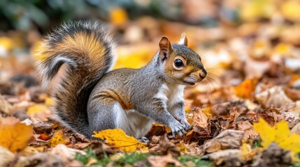 Obraz premium A squirrel in a garden or park, foraging among fallen leaves and natural debris.