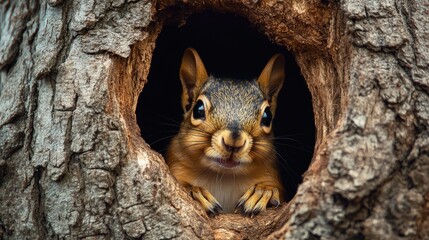 A squirrel peeking out of a hollow tree or nest, with only its face and ears visible.
