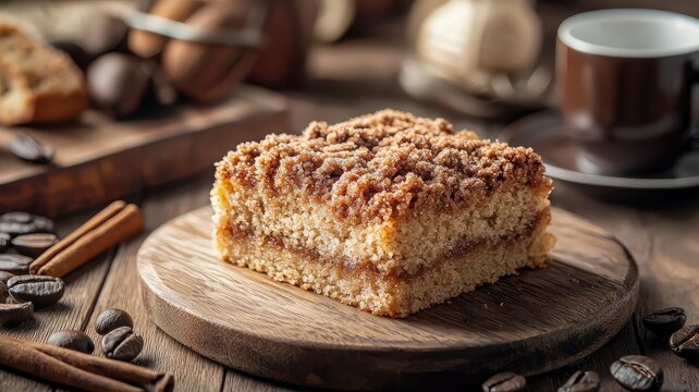 Delicious crumb cake slice on a wooden board, surrounded by coffee beans and a warm atmosphere, perfect for cozy moments.