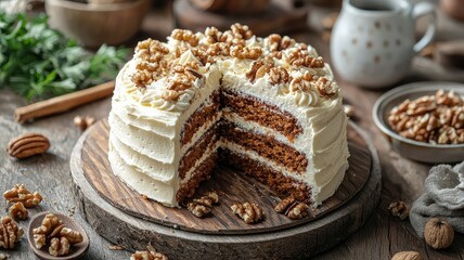 Delicious layered cake with cream frosting and walnut topping, beautifully presented on a rustic wooden board.
