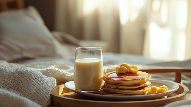 Delicious pancakes with syrup and fresh fruit, served with a glass of milk on a cozy breakfast tray in a softly lit bedroom.