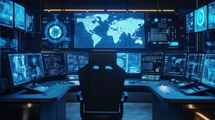 A high-tech control room with multiple screens displaying data and a world map.