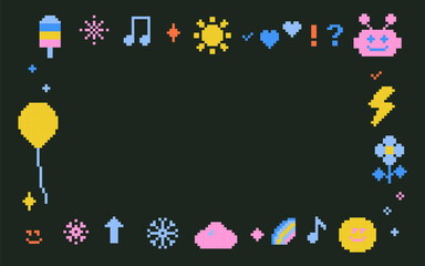 Pixel art frame with funny naive elements. Robot, sun, smile, music note, heart, star. Vector illustration. Y2k trendy playful pixelated background, banner for kids design. Mood of 90's aesthetics
