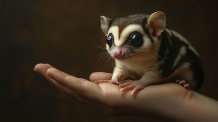 A sugar glider perched on a hand, with a gentle and curious look.