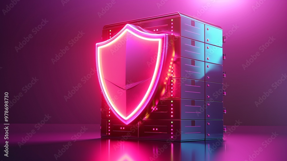 Poster a futuristic data server with a glowing shield symbolizing cybersecurity and data protection in a vi