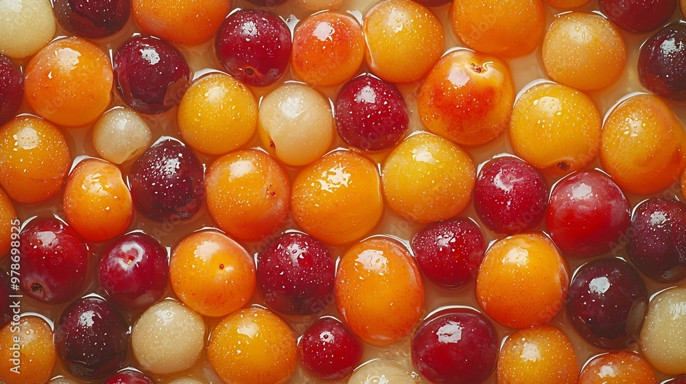 Poster fresh apricot and plum berries background texture : generative ai