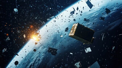 Space debris management using autonomous satellites, capturing and neutralizing space debris with robotic arms, Earth's orbit in the background