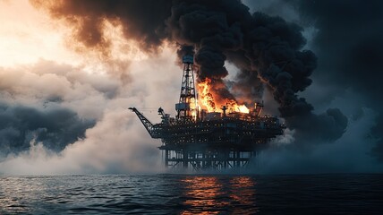 Fototapeta premium Dramatic scene of an offshore oil rig engulfed in flames, surrounded by dark clouds and smoke, highlighting the dangers of oil extraction.