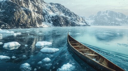Fototapeta premium A traditional Greenlandic kayak navigating through icy waters, with snow-covered cliffs in the background.