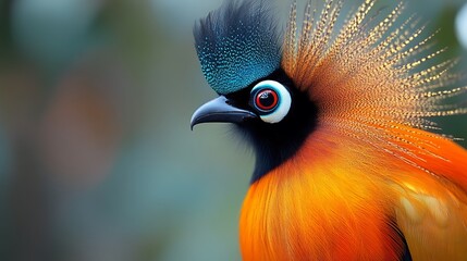 Close-up portrait of a vibrant, exotic bird with a striking blue and black crest, a bright orange body, and a red eye.